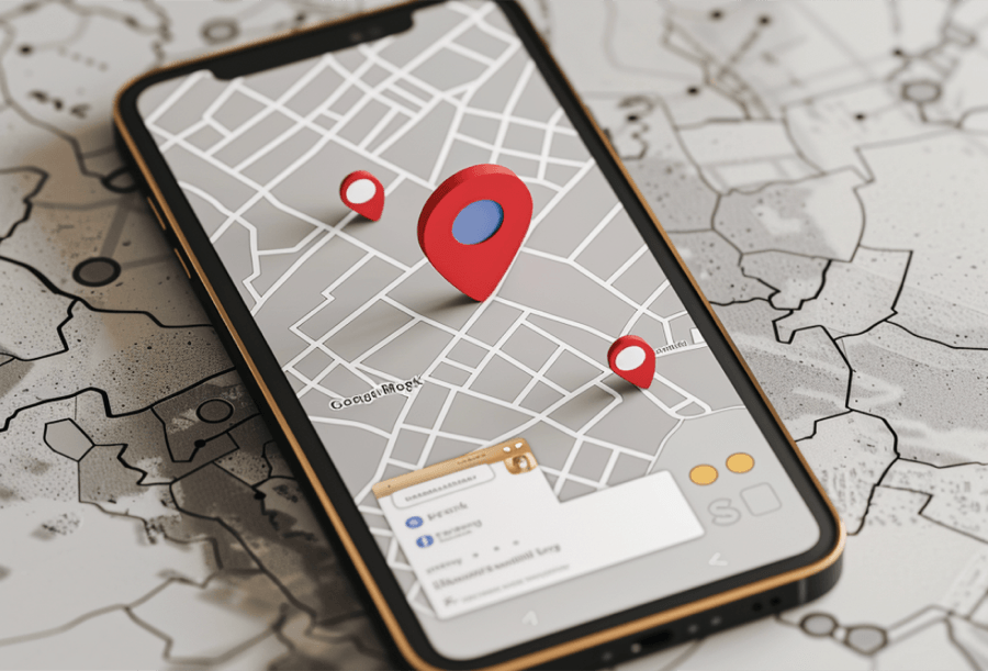 Smartphone displaying digital map with location pins.