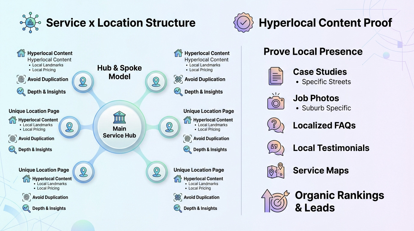 Scalable website architecture showing hub and spoke model with hyperlocal content strategy