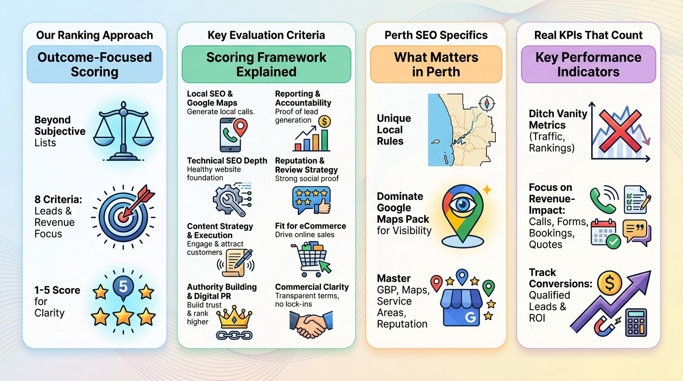 Infographic showing SEO ranking factors and KPIs for business growth