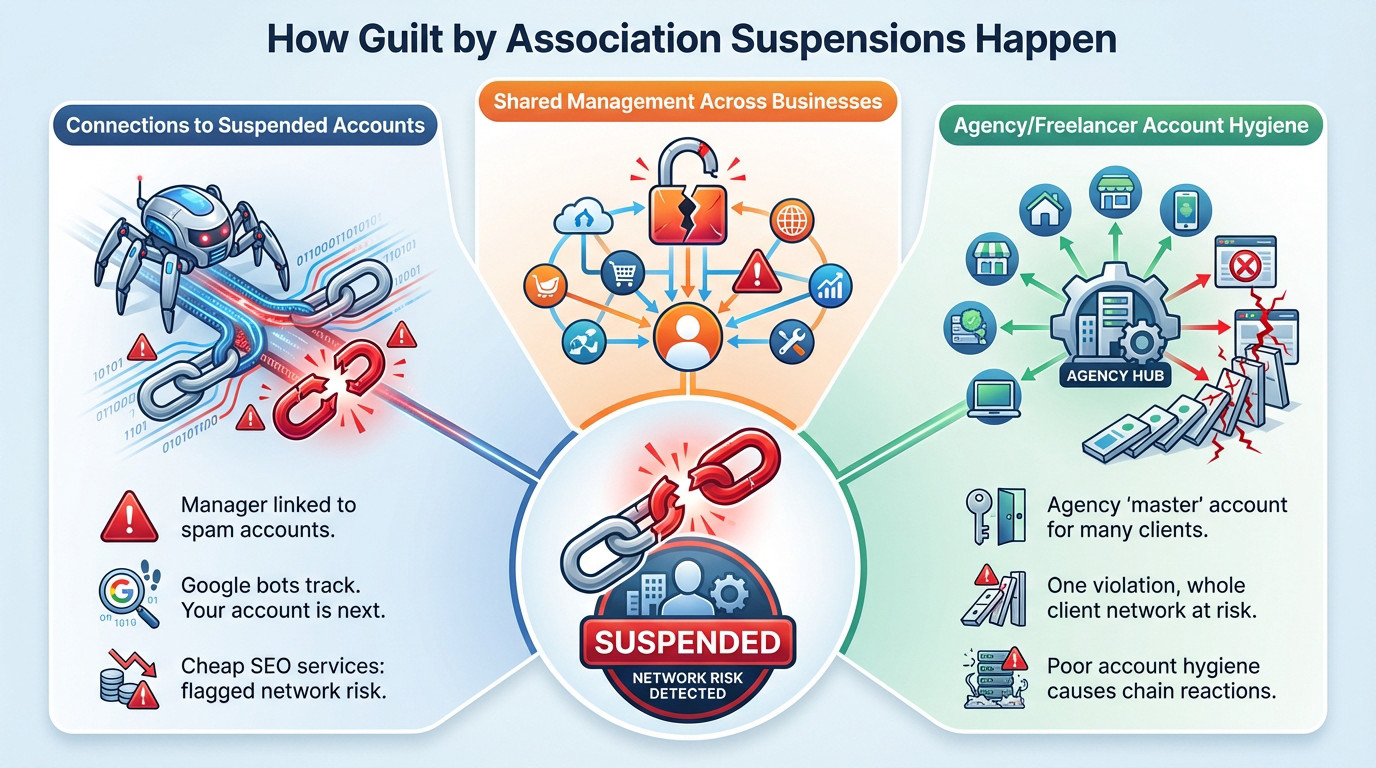 Illustration of network connections causing Google Business Profile suspensions