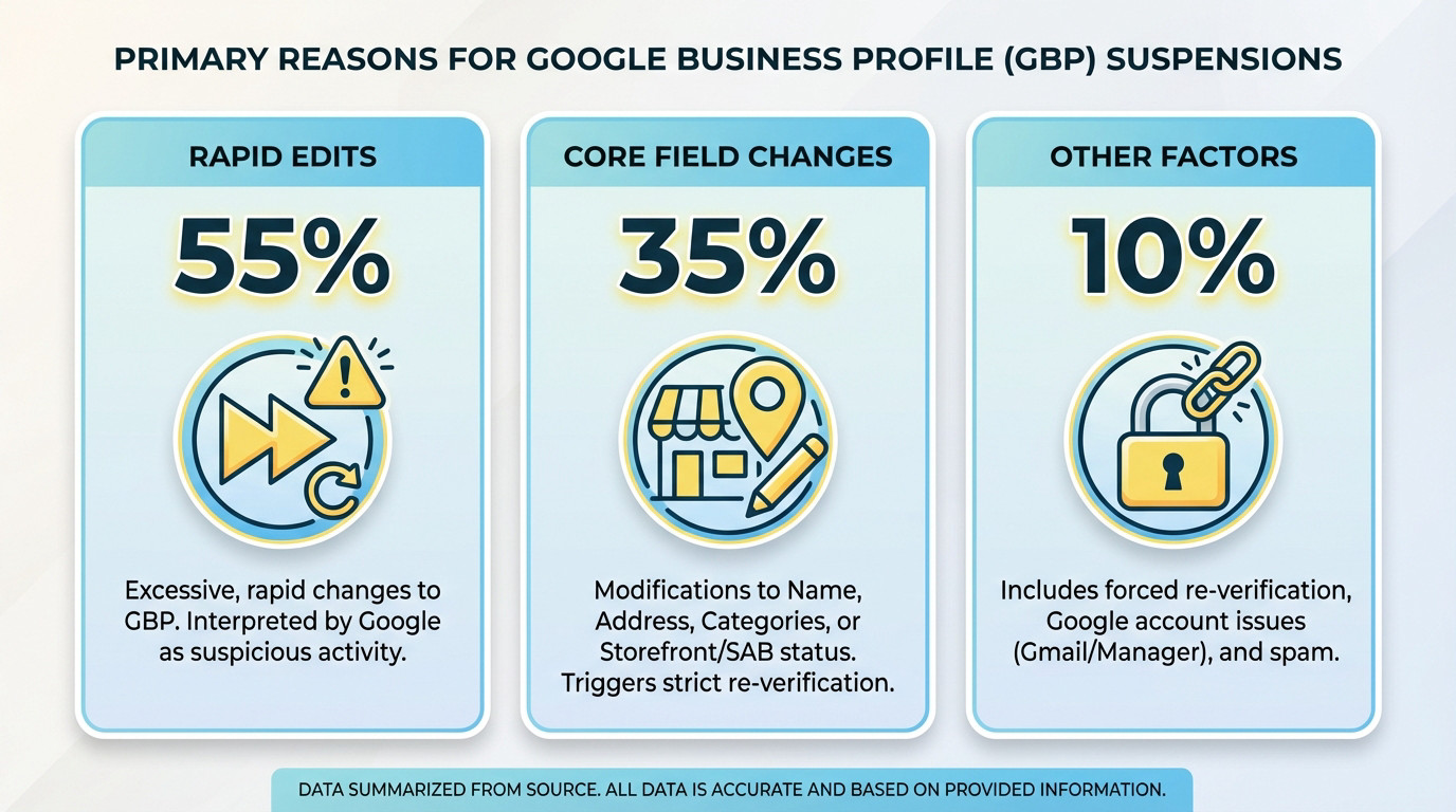 Chart showing primary causes of Google Business Profile suspensions: 55% excessive edits, 35% core field changes, 10% other triggers