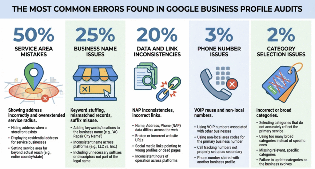 infographic detailing common google business profile errors found in 2025 audits