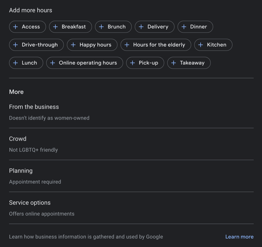 Screenshot of business hours and service options interface