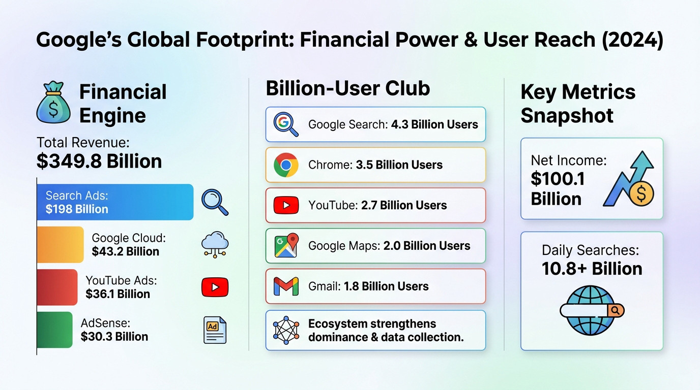 Google's global footprint showing financial power and user reach statistics for 2024