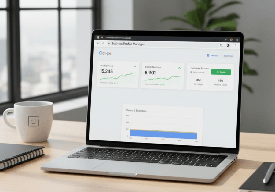Laptop displaying Google Business Profile Manager analytics.