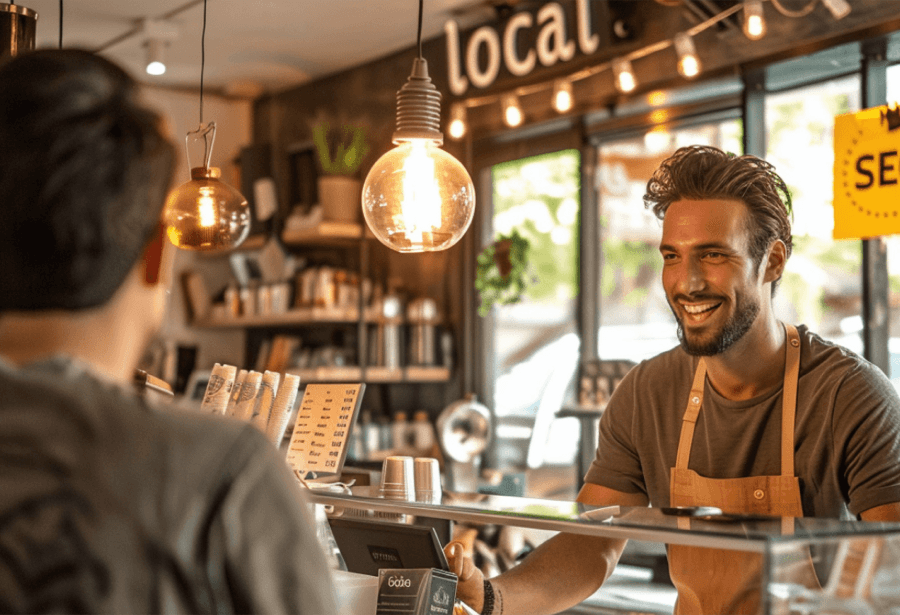 Smiling barista serving customer in cosy cafe.