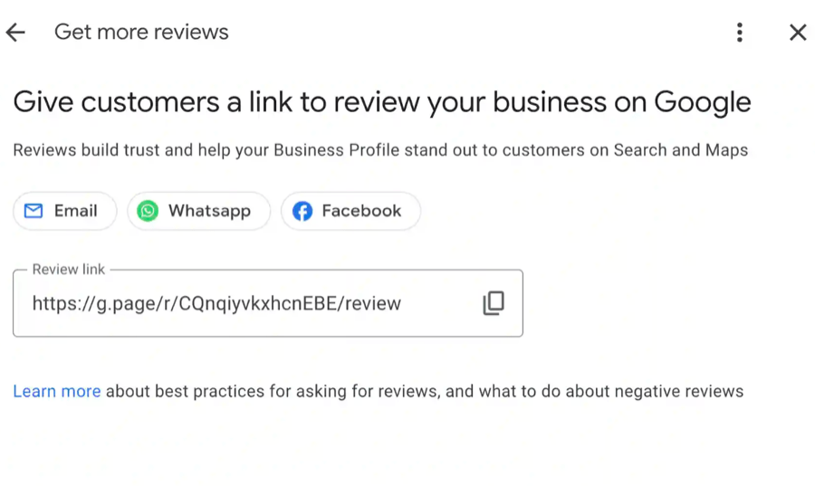 Google review link sharing options for businesses.