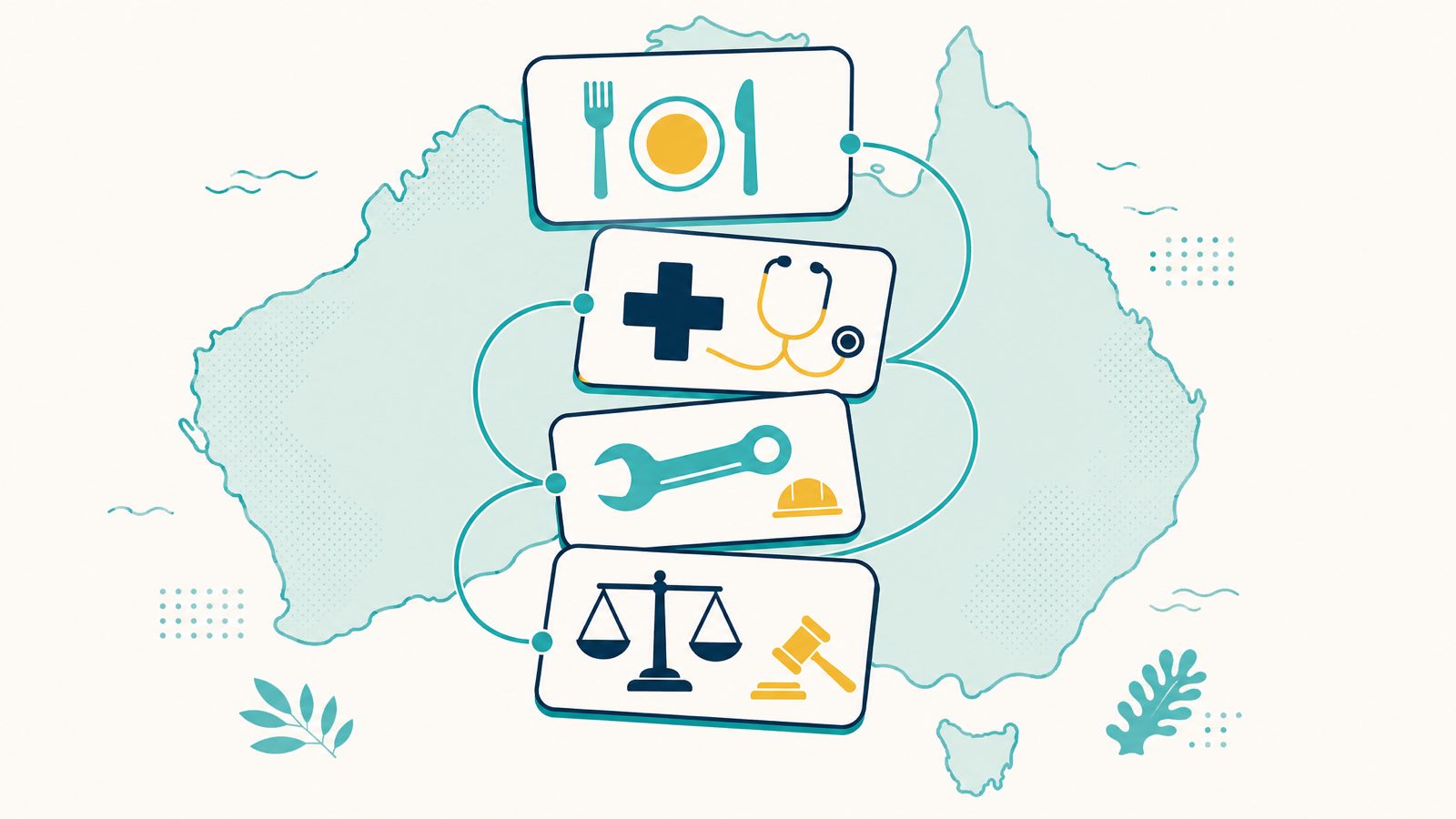 Editorial illustration of an Australian niche directory landscape across hospitality, healthcare, trades and legal services
