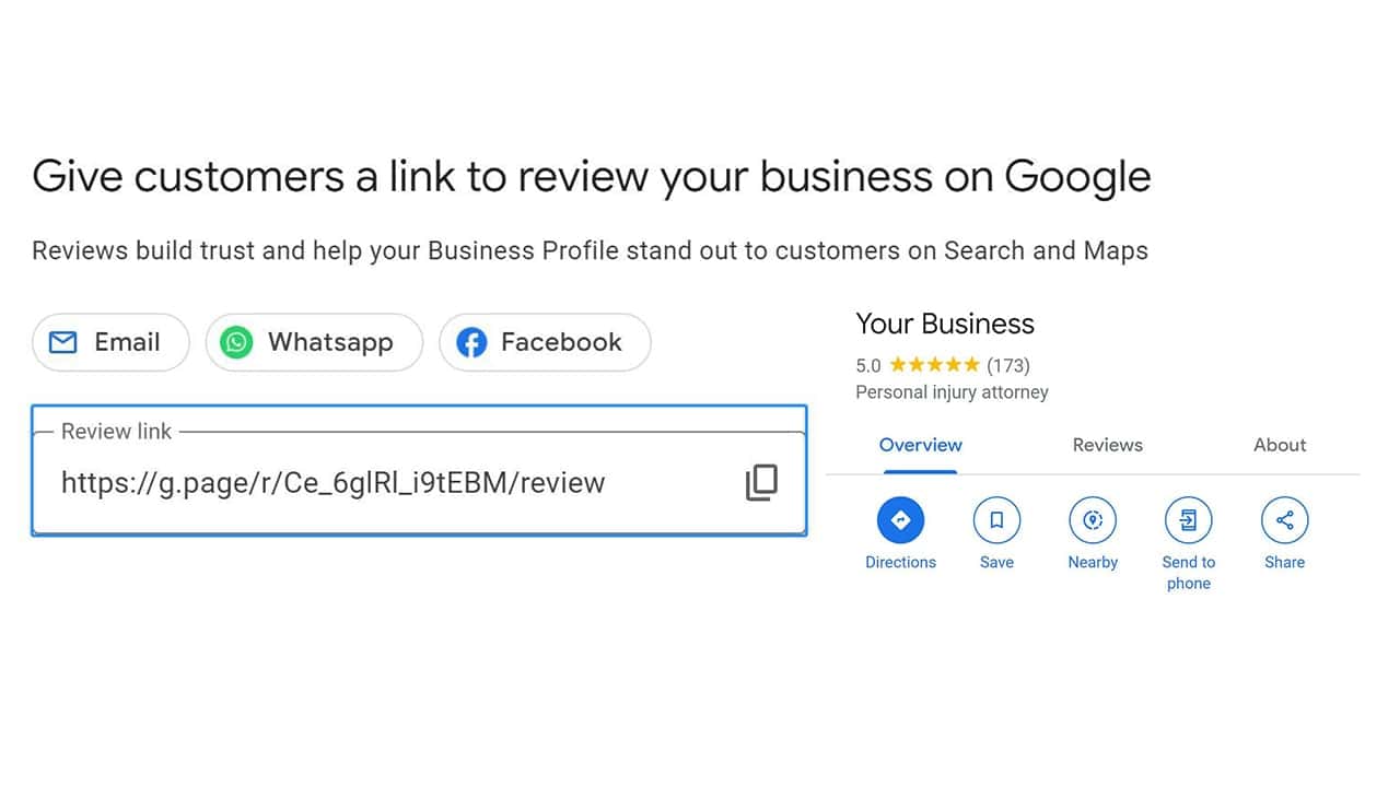 Screenshot showing where to find the Google review link in the Google Business Profile manager