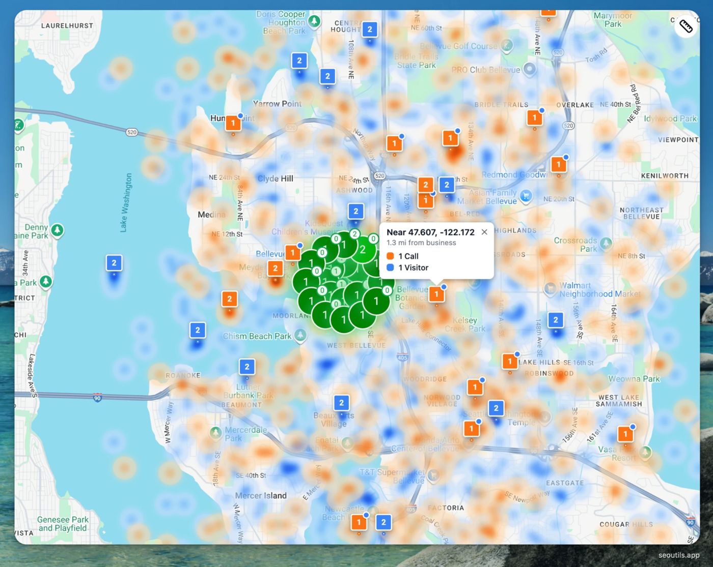 The Money Map in seoutils.app — orange heatmap shows where calls are coming from, blue shows website visitors, green pins show your Google Maps rankings. Source: seoutils.app