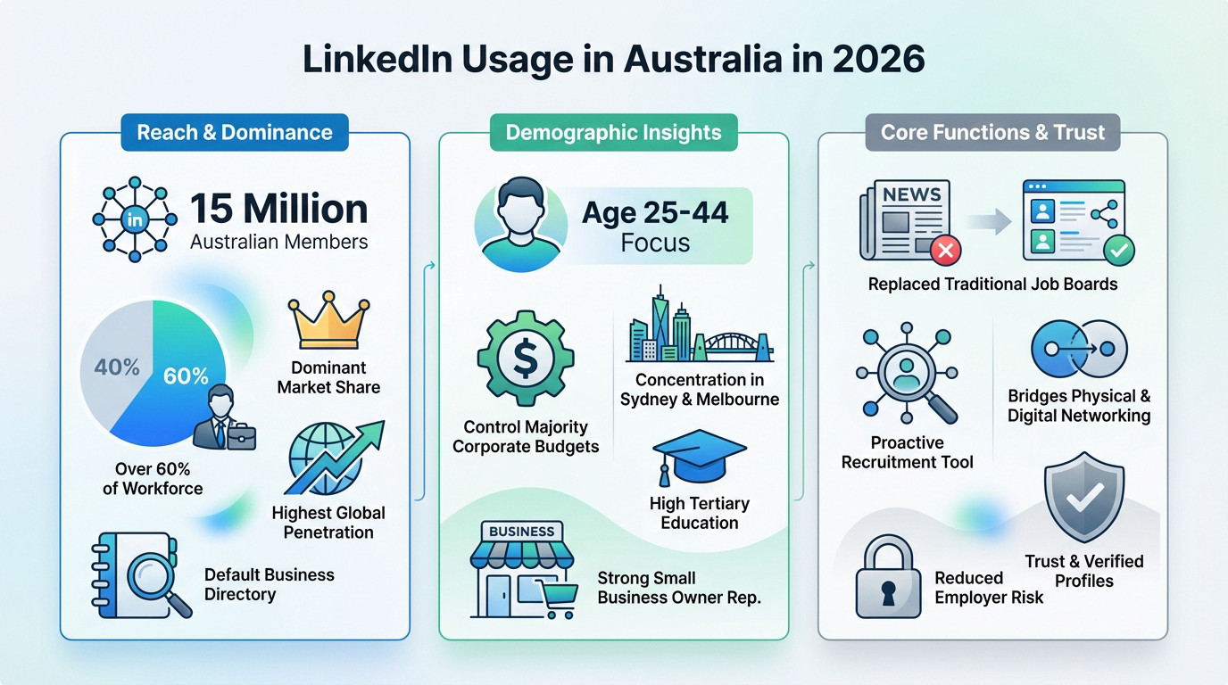 Graph showing LinkedIn usage statistics and professional demographics in Australia for 2026