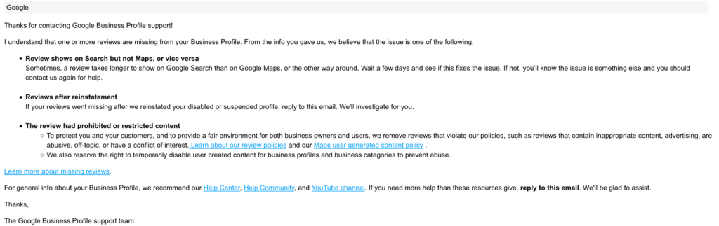 Email response about missing Google Business Profile reviews