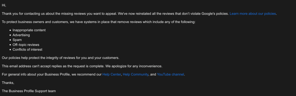 Email response about review policy and non-reply notification