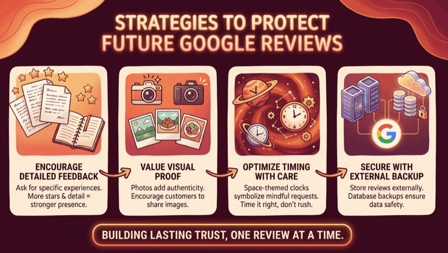 Infographic showing strategies to protect future Google reviews.