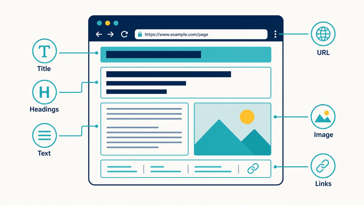The anatomy of an on-page optimised web page: title, headings, body text, URL, images and internal links