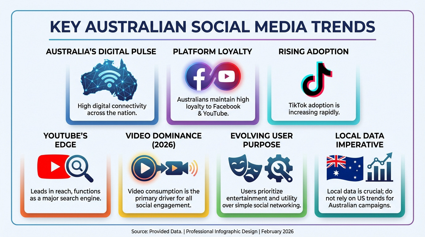 Infographic showing key Australian social media trends and platform statistics for 2026
