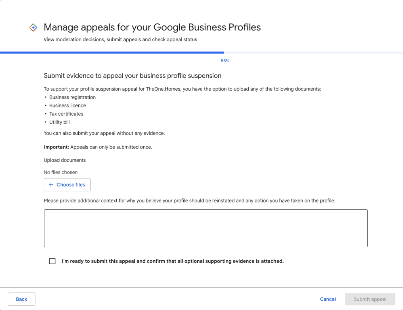 Submit evidence to appeal your business profile suspension The Google Business Profile appeals tool evidence step, with a single multi-file upload button