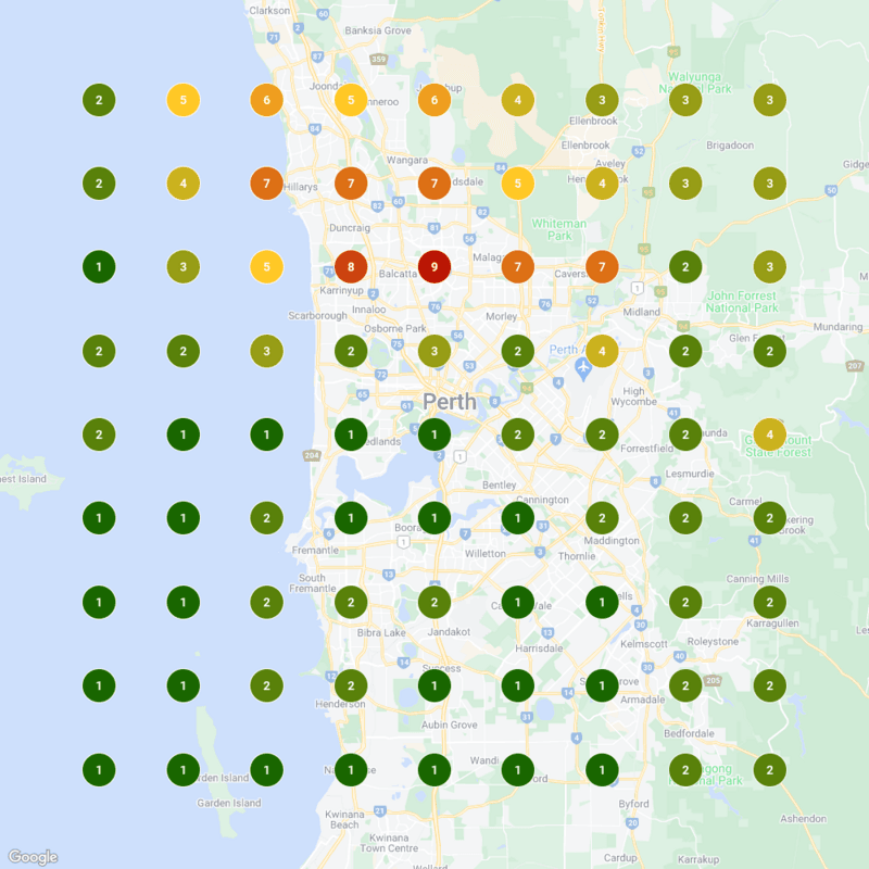 Geo-grid ranking report for the same business after our Google Maps SEO work, most grid points green, indicating top-three positions across the service area