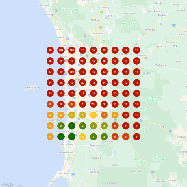 Geo-grid ranking report for a real business before our work, most grid points red, indicating positions outside the top of Google Maps across the metro area